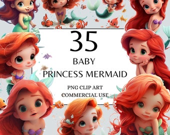 Könnte beinhalten: 35 Baby Princess Mermaid PNG Clip Art Kommerzielle Nutzung. Ein Set digitaler Illustrationen mit niedlichen Cartoon-Meerjungfrauen mit roten Haaren und grünen Schwänzen. Die Meerjungfrauen sind in verschiedenen Posen, darunter sitzend, schwimmend und den Betrachter anschauend.