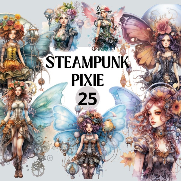 25 PNG Watercolor Steampunk Fairy Clipart, Steampunk Girls Clip art, Mechanical Fairies, Fairytale Art, Fantasy Fairy, Steampunk Pixies PNG