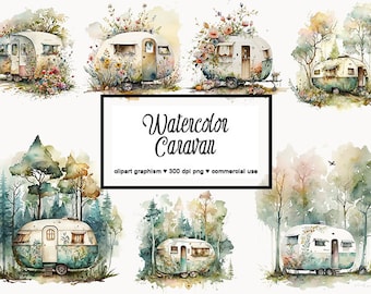 May include: Watercolor illustrations of vintage campers surrounded by lush greenery and flowers. The illustrations are perfect for adding a touch of nature to your designs.
