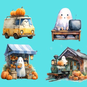 May include: Watercolor illustrations of Halloween scenes. A ghost drives a yellow van with pumpkins on top. Another ghost watches TV with popcorn. A ghost stands at a pumpkin stand. A ghost rides a train with pumpkins.
