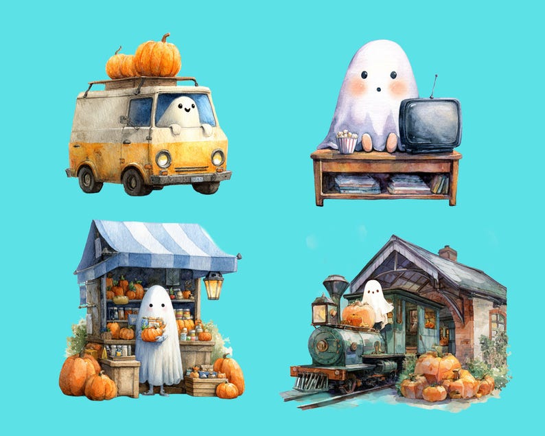 May include: Watercolor illustrations of Halloween scenes. A ghost drives a yellow van with pumpkins on top. Another ghost watches TV with popcorn. A ghost stands at a pumpkin stand. A ghost rides a train with pumpkins.