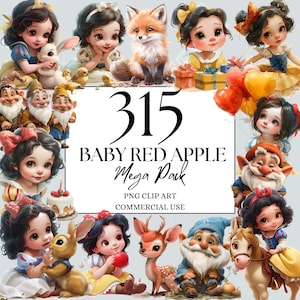 Baby Princess Snow White Clipart, Red Apple Princess PNG, Fairytale Princess Clipart Seven Dwarves Clipart Fantasy Princess Digital Download