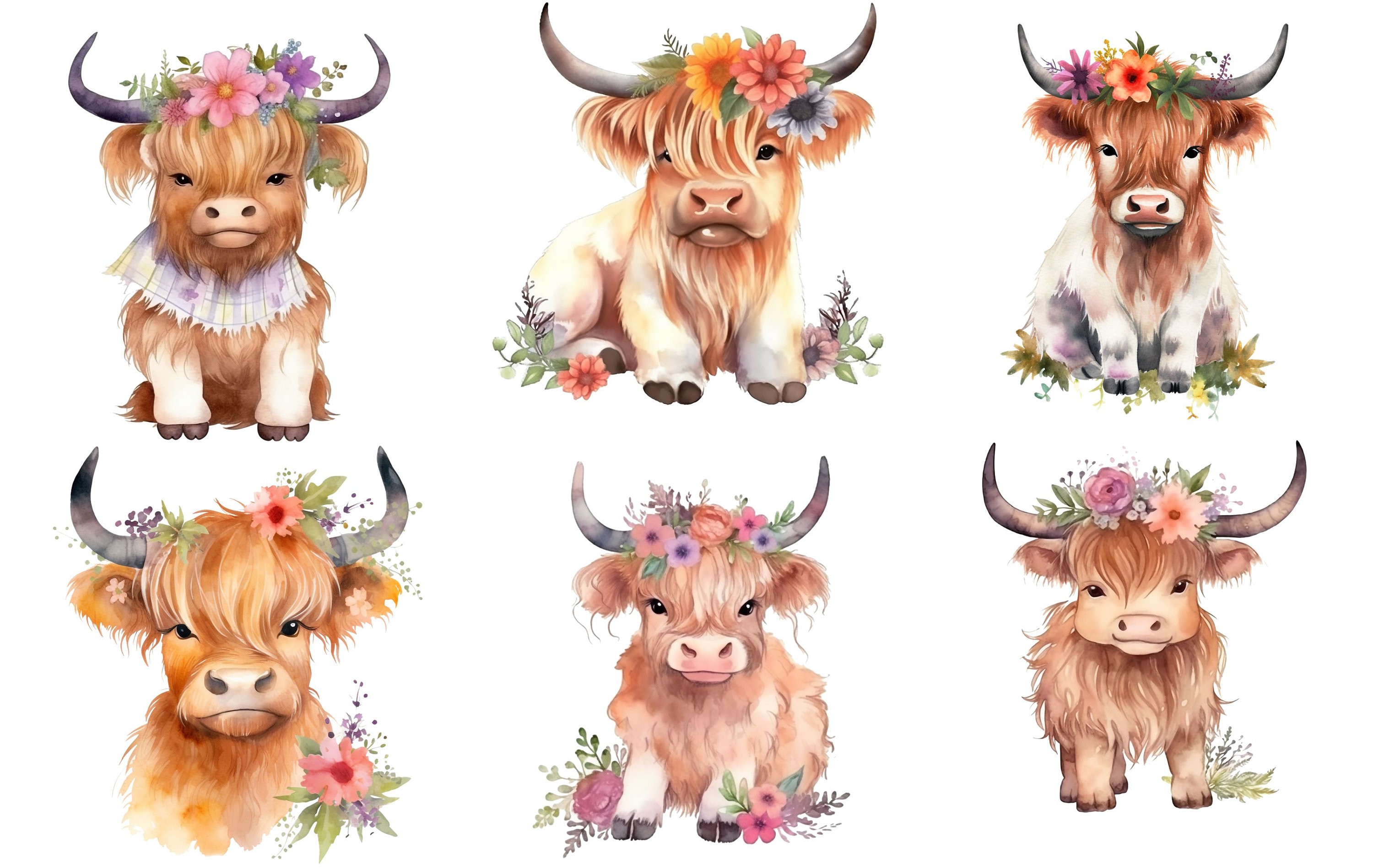Highland Cow Flowers Illustrations Pack of 12 PNG for Digital Crafting ...