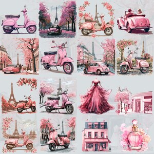 May include: A collage of pink and white illustrations featuring vintage scooters, Parisian scenes, and floral designs. The images are set against a light gray background.