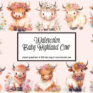 Highland Cow Clipart PNG for digital crafting and paper craft, Watercolor Baby Highland Cow Clipart Highland Cow PNG Highland Cow Print