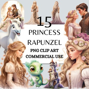 Princess Clipart, PNG, volledig commercieel gebruik, aquarel Fantasy Princess Fairytale Clipart, met Instant Download, Crown, Tangled