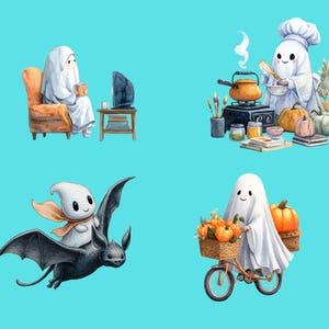 May include: A collection of four whimsical Halloween-themed illustrations. One shows a ghost watching TV, another a ghost cooking, a third a ghost riding a bat, and the last a ghost riding a bicycle with pumpkins in a basket.