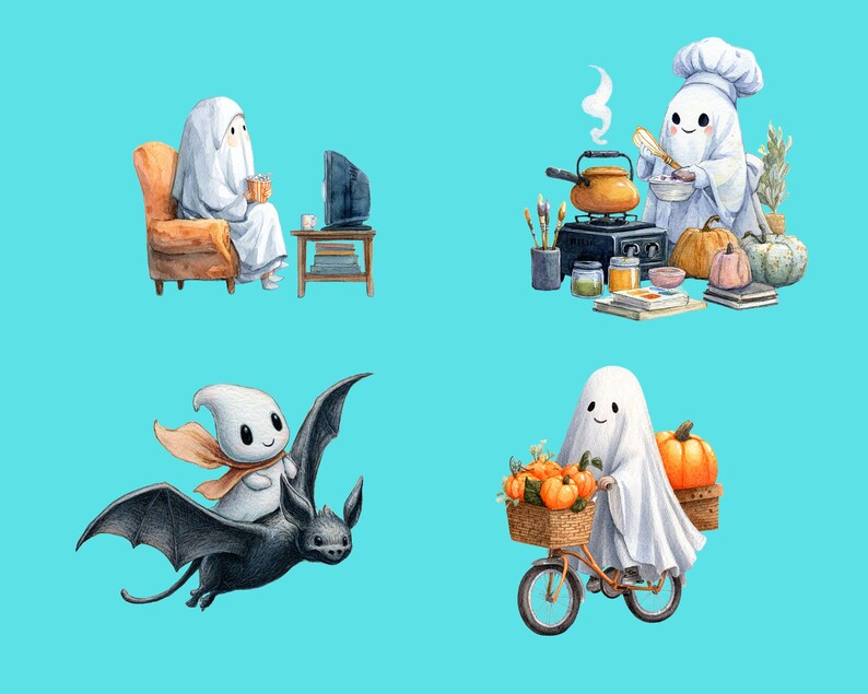 May include: A collection of four whimsical Halloween-themed illustrations. One shows a ghost watching TV, another a ghost cooking, a third a ghost riding a bat, and the last a ghost riding a bicycle with pumpkins in a basket.