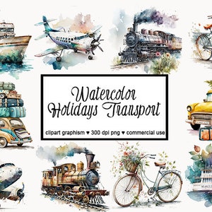 Clipart di trasporto vacanze - Clipart aereo Clipart floreale bici Clipart taxi treno Vacanze viaggio Clipart Avventura estate Clipart PNG