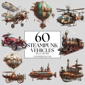Steampunk Vehicles Clipart Bundle, Watercolor Steampunk Clipart Fantasy Retro - Transparent Commercial Use Digital Download, Craft, Decor
