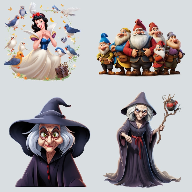 May include: A collection of seven dwarfs from the Disney film Snow White and the Seven Dwarfs. The dwarfs are wearing colourful clothing and hats. The dwarfs are standing in a row, with the tallest dwarf in the middle. The dwarfs are all smiling and looking at the viewer.
