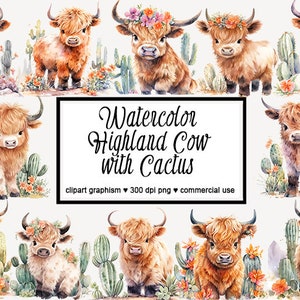 Highland Cow com Cactus Clipart Cactus Highland Cow Clipart Aquarela Bebê Highland Cow PNG Aquarela Highland Cow Cactus Clipart