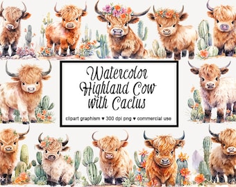 Highland Cow with Cactus Clipart Cactus Highland Cow Clipart Watercolor Baby Highland Cow PNG Watercolor Highland Cow Cactus Clipart