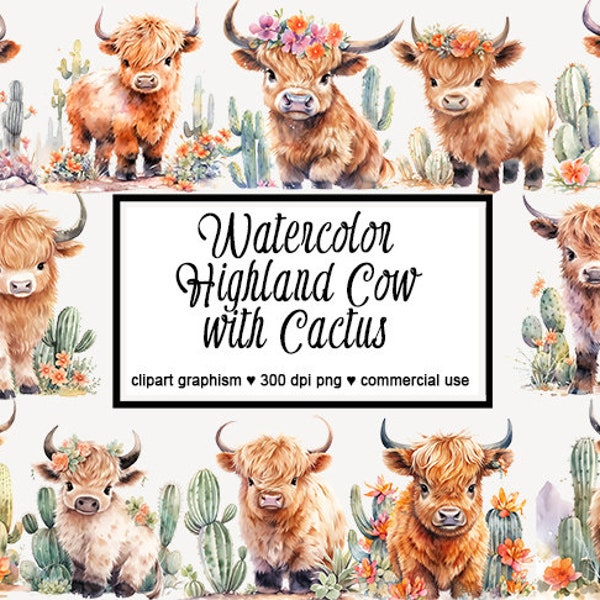 Highland Cow with Cactus Clipart Cactus Highland Cow Clipart Watercolor Baby Highland Cow PNG Watercolor Highland Cow Cactus Clipart