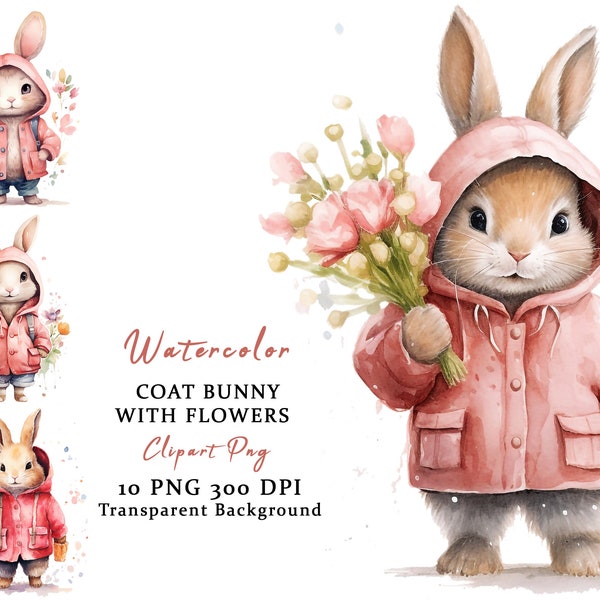 Pink Coat Bunny Watercolor Clipart, Coat Bunny PNG, Clipart Bunny Watercolor Bunny Flowers Clipart Rabbit Clipart Cute Bunny Clipart