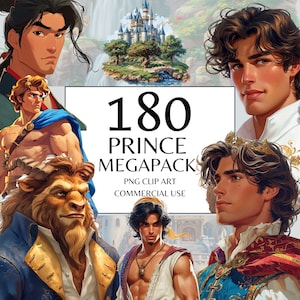 Prince Clipart MegaPack of 180+ PNG, Watercolor Fantasy Fairytale Clipart, Beauty and the Beast, Little Mermaid, Snow White, Mulan, Aladdin