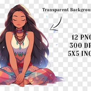 Puede incluir: Ilustraci&oacute;n de una mujer con cabello largo y oscuro, ojos cerrados, en una postura de meditaci&oacute;n sentada. Lleva una blusa blanca, una falda estampada colorida y collares en capas. La imagen incluye el texto "Transparent Background", "12 PNG", "300 DPI" y "5x5 INCH".