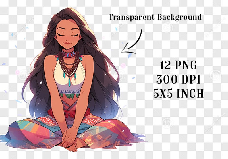 Puede incluir: Ilustraci&oacute;n de una mujer con cabello largo y oscuro, ojos cerrados, en una postura de meditaci&oacute;n sentada. Lleva una blusa blanca, una falda estampada colorida y collares en capas. La imagen incluye el texto "Transparent Background", "12 PNG", "300 DPI" y "5x5 INCH".