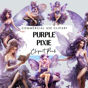 21 Purple Pixies ClipArt, Watercolor, flowers, Fantasy clipart, Commercial Use, Digital Download, Fairy, junk journal,book art, digital art