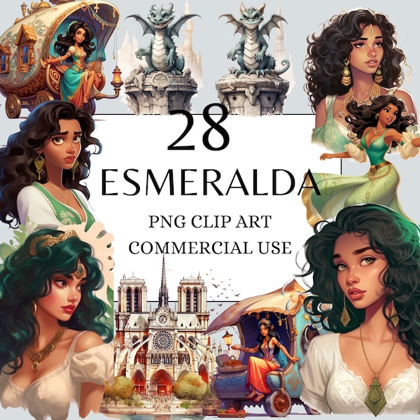 Princess Esmeralda Clipart Pack, PNG Clipart with Full Commercial Use Instant Download, Children's Fantasy Fairytale Gypsy Princess Clipart