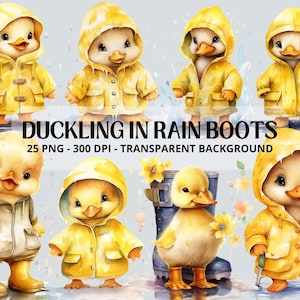 Cute Duckling Clipart Bundle: 25 Watercolor Duckling in Raincoat PNG, ClipArt, Printable Art, Duckling Prints, Duckling Nursery Art