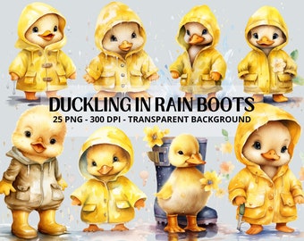 Cute Duckling Clipart Bundle: 25 Watercolor Duckling in Raincoat PNG, ClipArt, Printable Art, Duckling Prints, Duckling Nursery Art