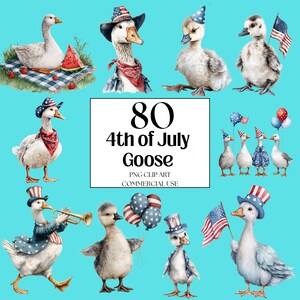 4th of July Watercolor Geese Clipart Bundle - 80 PNG Patriotic Day Images, Festive American Graphics, 4th of July Goose Clipart