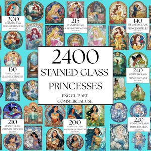 May include: A collection of stained glass princess designs, featuring various princesses in circular and rectangular frames. The image includes the text "2400 STAINED GLASS PRINCESSES" and the phrase "PNG CLIP ART COMMERCIAL USE."
