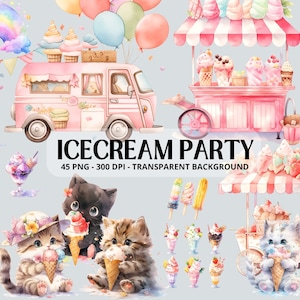アイスクリームパーティー水彩クリップアートアイスクリームトラック、アイスクリームスタンド、アイスクリームを持つ子猫、アイスクリームPNG、子猫ジャンクジャーナル、スクラップブッキング