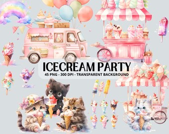 Icecream Party Watercolor Clipart Icecream Truck, Icecream Stand, Kitten with Icecream, Icecream PNG, Kitten Junk Journal, Scrapbooking