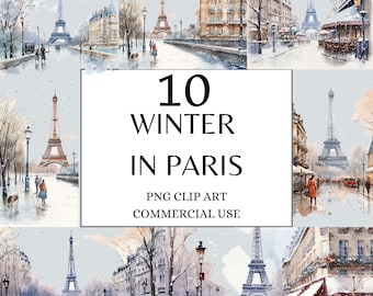 Könnte beinhalten: Eine digitale Illustration von 10 Winterszenen in Paris, Frankreich. Die Illustrationen zeigen den Eiffelturm, schneebedeckte Straßen und Pariser Architektur. Der Text "10 Winter in Paris" wird in der Mitte des Bildes angezeigt. PNG Clip Art Kommerzielle Nutzung.