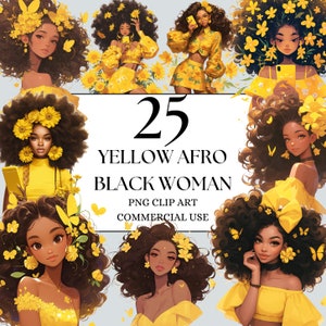 Yellow Afro Black Girl Clipart, Butterfly Black Woman Art, Afro Woman Clipart, Black Girl Magic, Black Queen Clipart, Afro Woman PNG