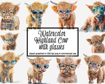 Glasses Highland Cow Clipart Watercolor Highland Cow Clipart Sunglasses Baby Highland Cow Clipart Highland Cow PNG Farm Cow Clipart