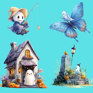 May include: Watercolor illustration featuring Halloween-themed elements. Includes a ghost fishing, a ghost riding a blue butterfly, a haunted house with pumpkins, and a graveyard scene with a ghost and pumpkins. All elements are set against a light blue background.