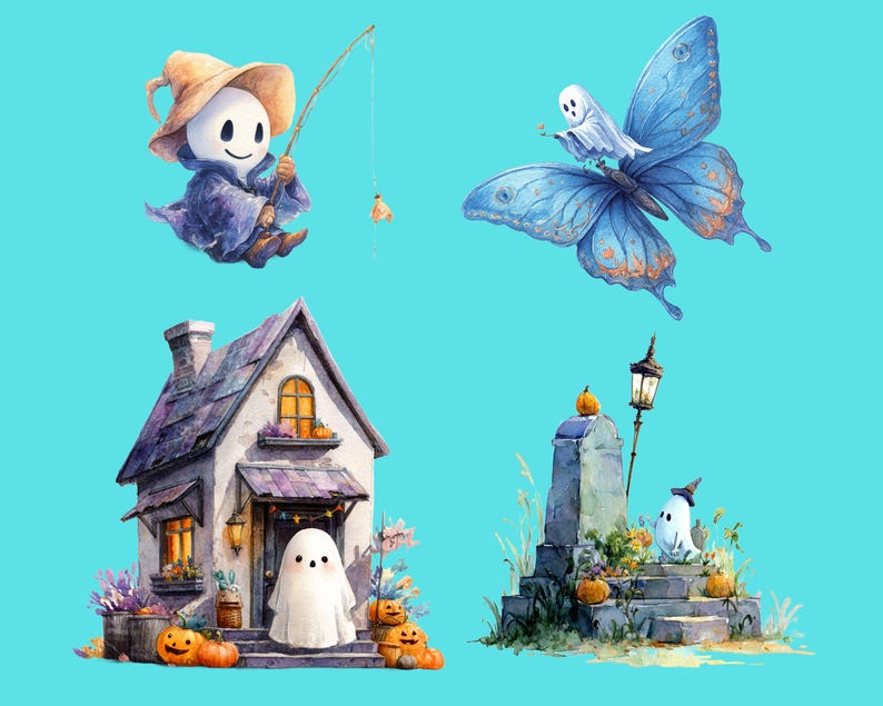 May include: Watercolor illustration featuring Halloween-themed elements. Includes a ghost fishing, a ghost riding a blue butterfly, a haunted house with pumpkins, and a graveyard scene with a ghost and pumpkins. All elements are set against a light blue background.