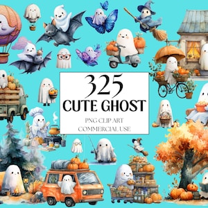 Peut inclure: Une collection de 325 images clipart PNG de fantômes mignons. Les illustrations à l'aquarelle présentent des fantômes dans diverses scènes, notamment une montgolfière, une chauve-souris, un scooter et une maison. Les fantômes sont entourés de citrouilles et de feuillage d'automne.