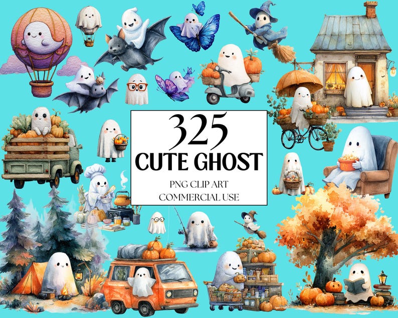 May include: A collection of 325 cute ghost PNG clip art images. The watercolor illustrations feature ghosts in various scenes, including a hot air balloon, a bat, a scooter, and a house. The ghosts are surrounded by pumpkins and autumn foliage.