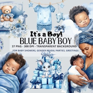 Black Baby Boy Bundle,Watercolor Clipart,Baby Shower,Newborn Baby, Clipart Baby, Nursery PNG,Gender Reveal Clipart Bundle, Instant Download