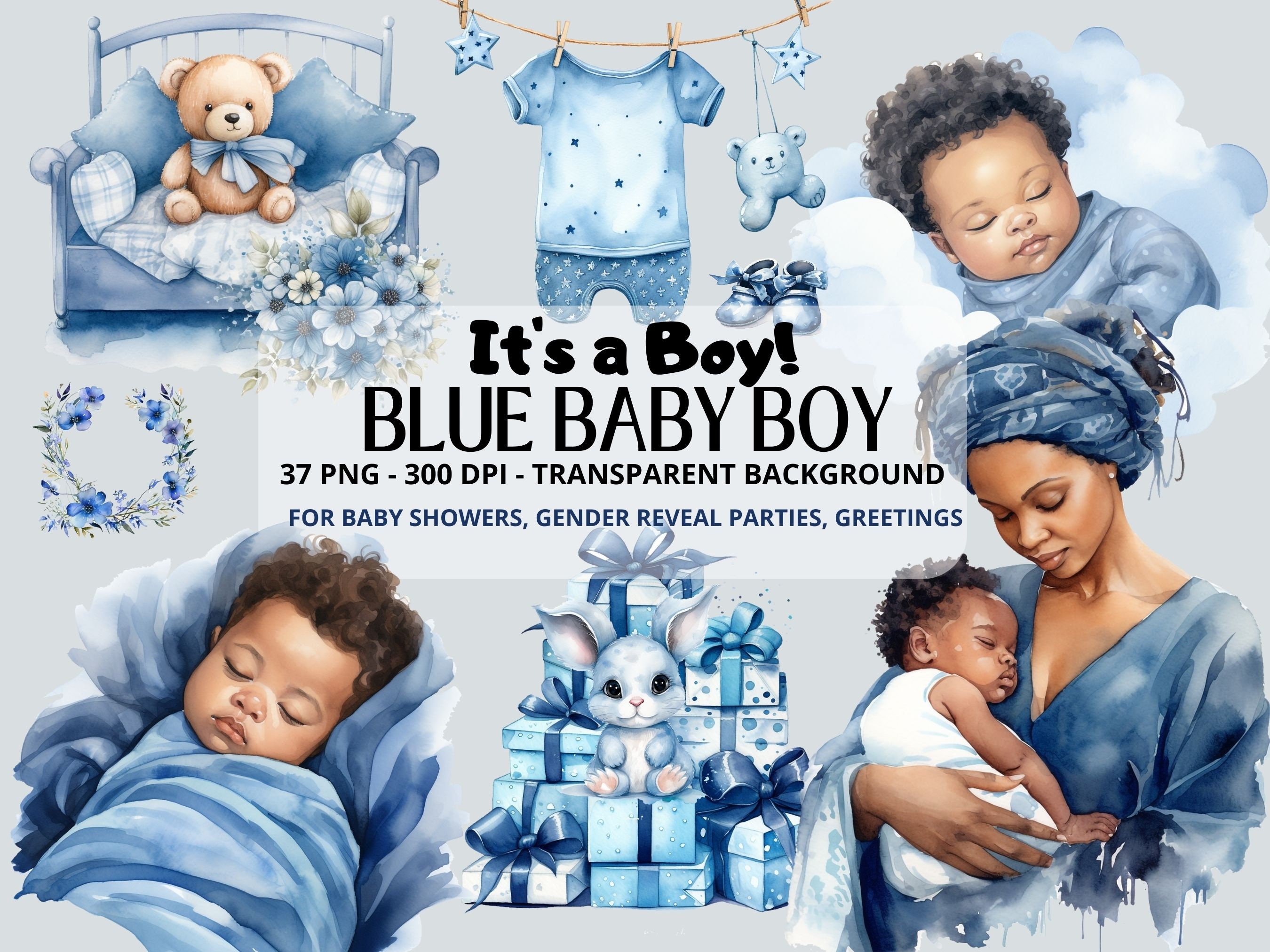 Black Baby Boy Bundle,Watercolor Clipart,Baby Shower,Newborn Baby, Clipart Baby, Nursery PNG,Gender Reveal Clipart Bundle, Instant Download