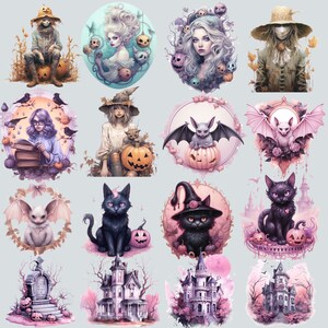May include: A digital collage of Halloween-themed illustrations featuring a variety of characters, including witches, cats, bats, and pumpkins. The illustrations are set against a light gray background and are surrounded by a variety of decorative elements, such as stars, hearts, and swirls.
