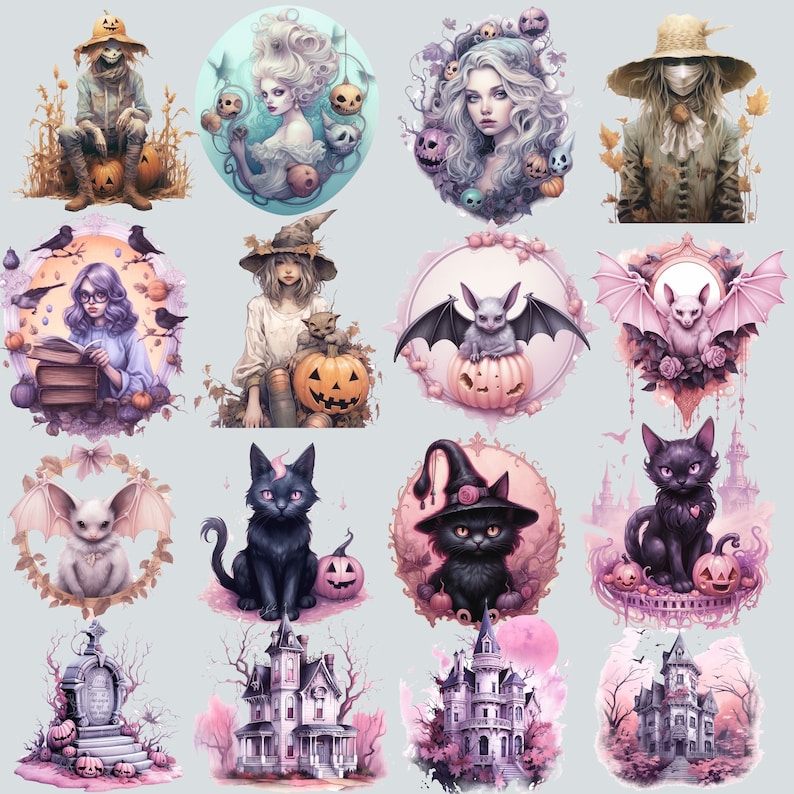 May include: A digital collage of Halloween-themed illustrations featuring a variety of characters, including witches, cats, bats, and pumpkins. The illustrations are set against a light gray background and are surrounded by a variety of decorative elements, such as stars, hearts, and swirls.