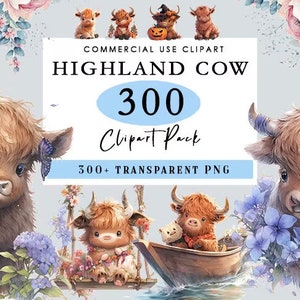 300 Highland Cow Clipart Bundel, Highland Cow Clipart Baby Highland Cow PNG Highland Cow Babyshower Kinderkamerdecoratie Aquarel Highland Cow