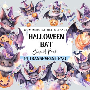 Cute Halloween Bat Clipart Halloween Pumpkin Bat Watercolor Clipart Baby Bat PNG Witch Hat Bat, Scrapbooking, Junk Journal, Paper Craft