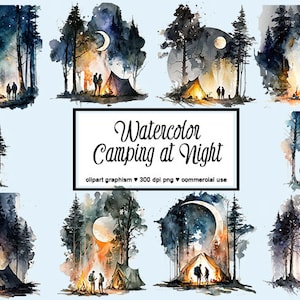 Watercolor Camping at Night Clipart Camping Clipart Forest Camper Clipart Camping PNG Camping Moon Adventure Clipart Travel Clipart