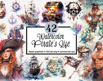 Pirate Clipart Watercolor Pirate Clipart Bundle, Pirate Ship Clipart, Treasure Clipart Pirate PNG Transparent Background,