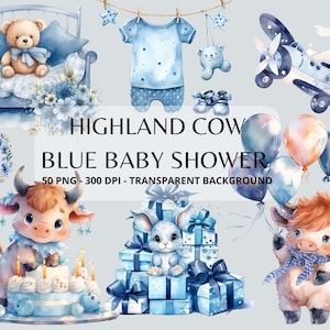 Highland Cow Baby Shower, Watercolor Clipart, Blue Baby Shower, Newborn Baby, Clipart Baby Boy, Nursery PNG, Gender Reveal, Clipart Bundle