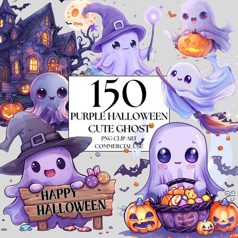 May include: 150 Purple Halloween Cute Ghost PNG Clip Art Commercial Use. A set of purple cartoon ghosts with different expressions and accessories, including a witch's hat, a broom, a basket of candy, and a pumpkin. The ghosts are in front of a haunted house and other Halloween decorations.