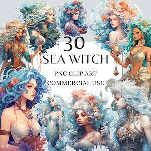 Sea Witch Clipart, PNG, Full Commercial Use, Watercolor Fantasy Fairytale Clipart, with Instant Download, Ocean Witch PNG Mermaid Clip Art