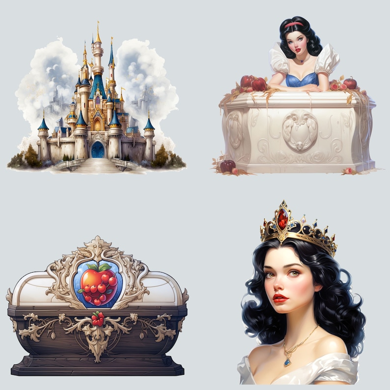 May include: A digital illustration of Snow White, a princess from the Disney film Snow White and the Seven Dwarfs. She is wearing a blue and white dress and a red headband. She is sitting on a white chest with a gold trim. The chest is decorated with a gold design and has a red apple on top. The background is a light blue.