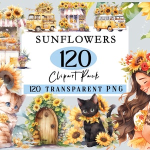 120 Sunflower Watercolor Sunflower Clipart Sunflower Shop, Kitten Sunflower Highland Cow FairyDoor Sunflower Garden, Truck Sunflower PNG